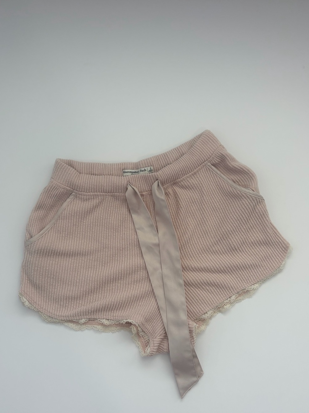 Small Abercrombie & Fitch Ribbed Lace-Trim High Waist Shorts in Blush Pink